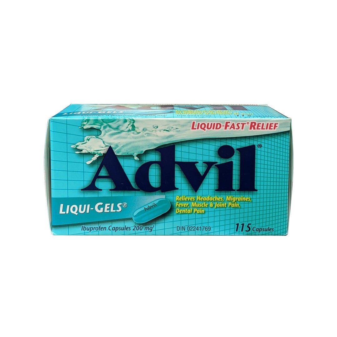 Product label for Advil Ibuprofen 200 mg (115 Gel Capsules) in English