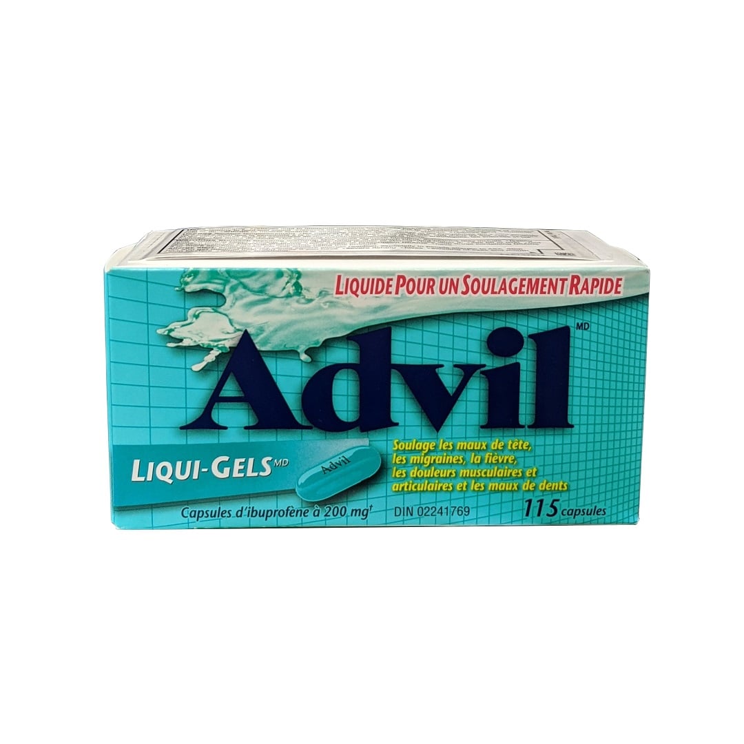 Product label for Advil Ibuprofen 200 mg (115 Gel Capsules) in French