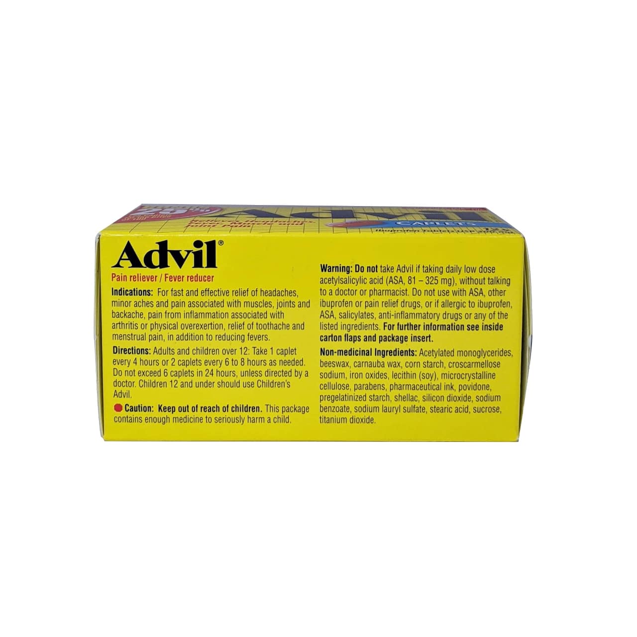 English product details, ingredients, directions, and warnings for Advil Ibuprofen 200mg Caplets 125 pack