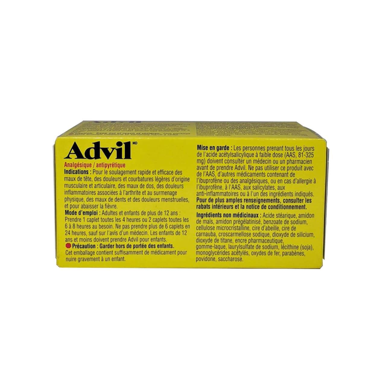 French product details, ingredients, directions, and warnings for Advil Ibuprofen 200mg Caplets 125 pack