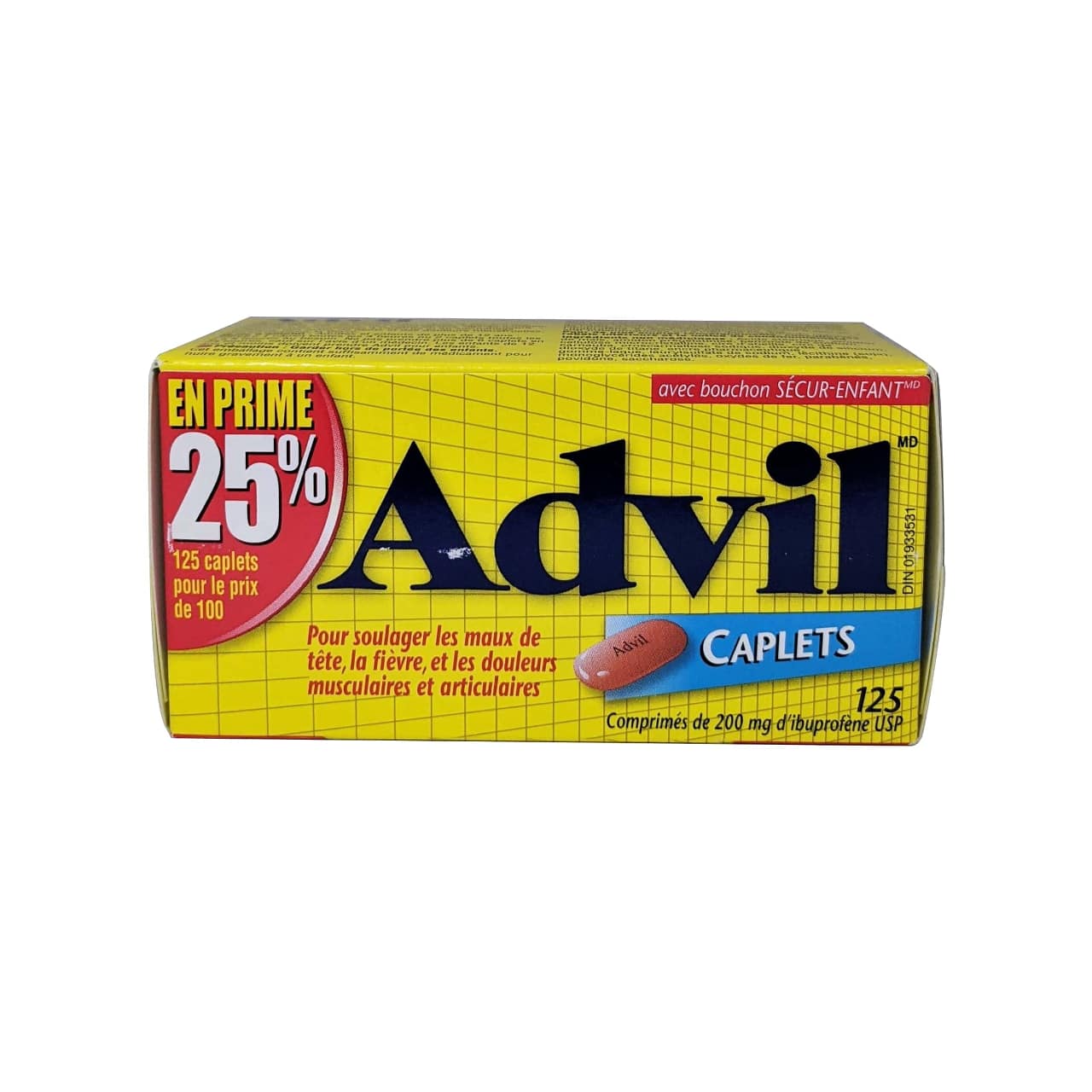 French label for Advil Ibuprofen 200mg Caplets 125 pack