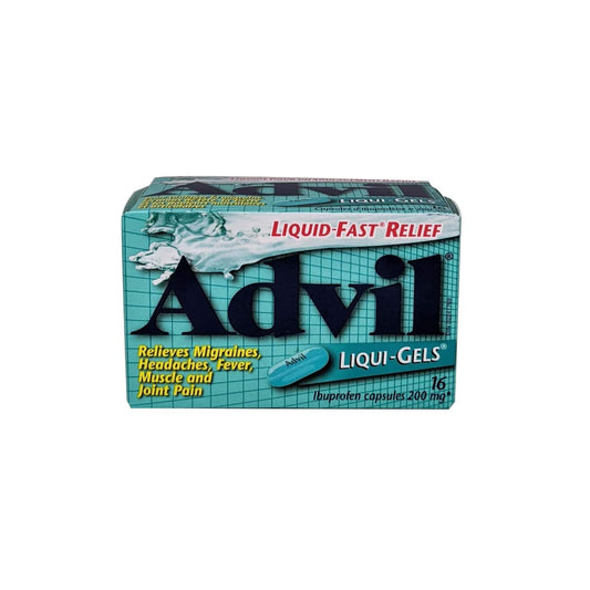English label for Advil Ibuprofen 200mg (Gel Capsules) 16 pack