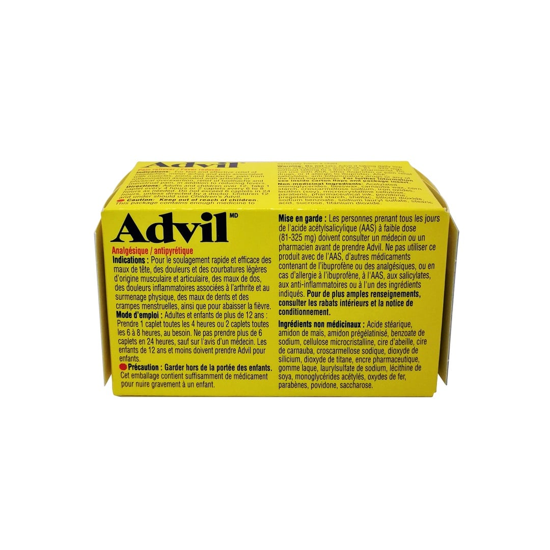 Indications, directions, ingredients, and warnings for Advil Ibuprofen 200mg (24 Caplets) in French
