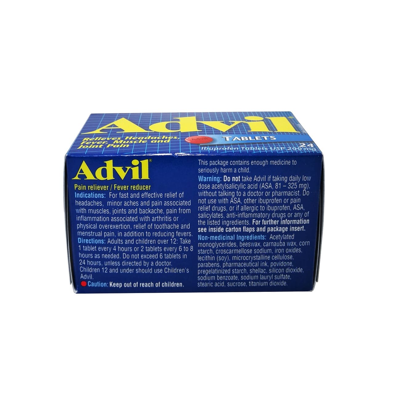 Indications, directions, warnings, and ingredients for Advil Ibuprofen 200 mg (24 Tablets) in English
