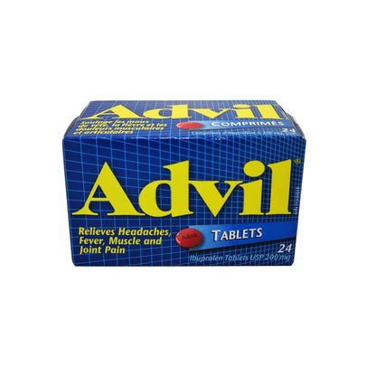 English product label for Advil Ibuprofen 200mg Tablets 24 pack
