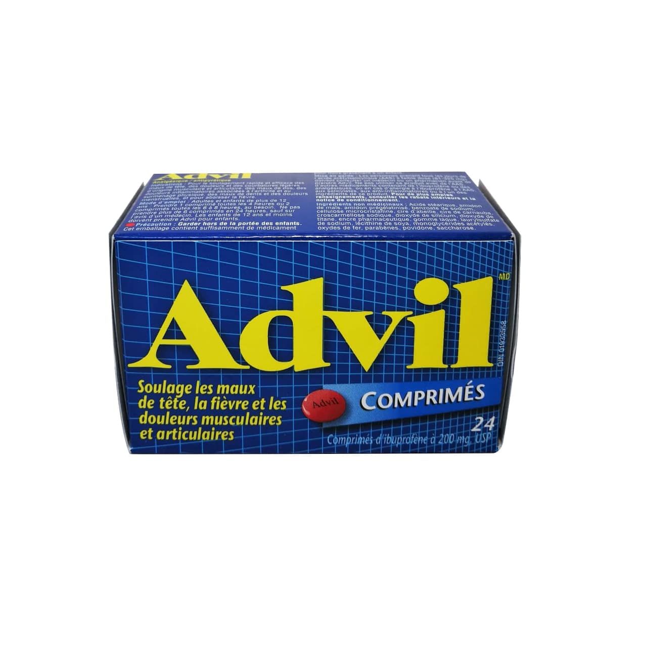 French product label for Advil Ibuprofen 200mg Tablets 24 pack