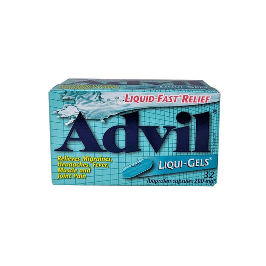 English label for Advil Ibuprofen 200mg (Gel Capsules) 32 pack