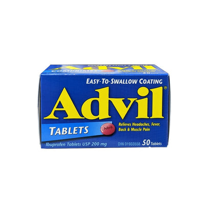 Product label for Advil Ibuprofen 200 mg (50 Tablets) in English