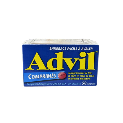 Product label for Advil Ibuprofen 200 mg (50 Tablets) in French