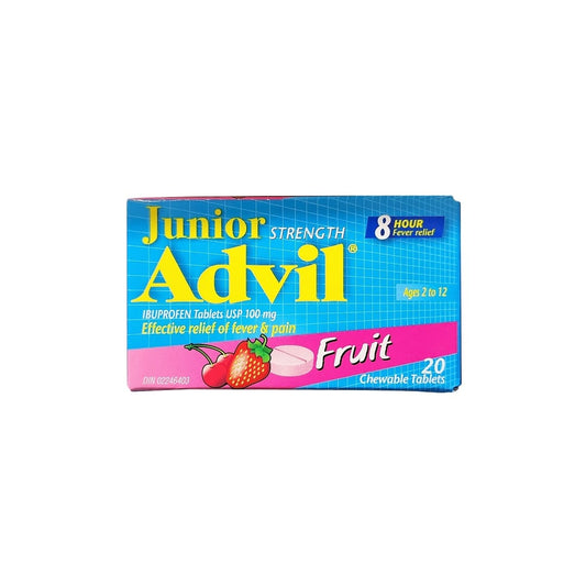Product label for Advil Junior Strength Ibuprofen 100 mg Fruit Flavour Chewables (20 Tablets) in English