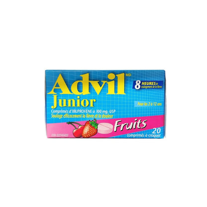 Product label for Advil Junior Strength Ibuprofen 100 mg Fruit Flavour Chewables (20 Tablets) in French