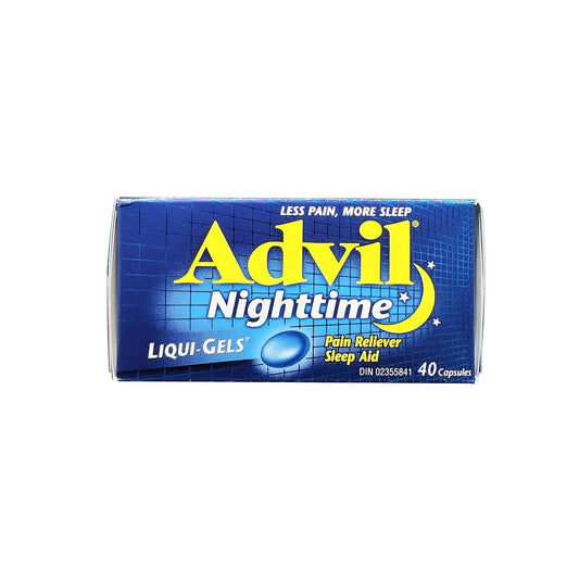 Product label for Advil Nighttime Liqui-Gels (40 Gel Capsules) in English