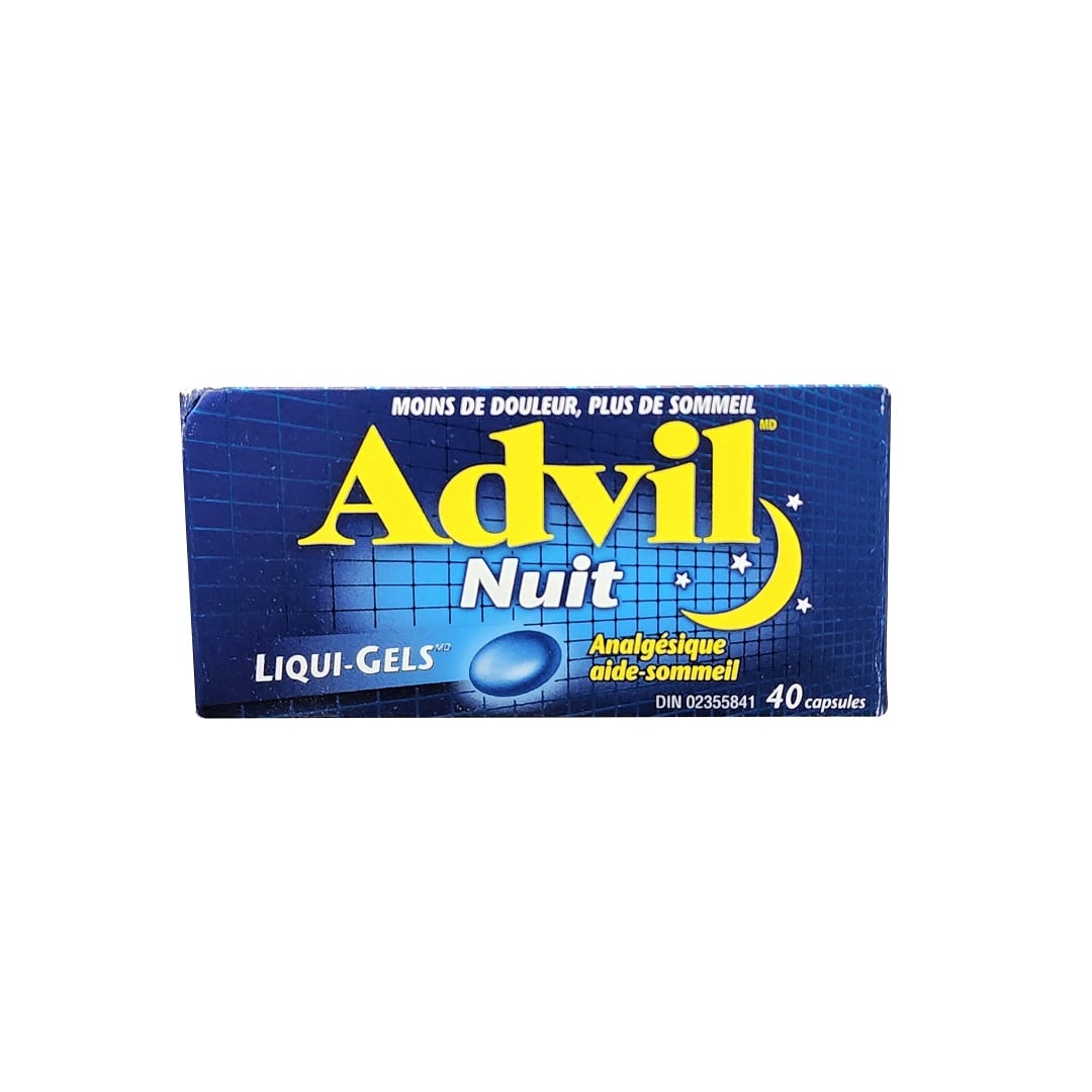 Product label for Advil Nighttime Liqui-Gels (40 Gel Capsules) in French