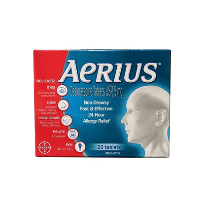 Product label for Aerius Desloratadine 5mg (20 Tablets) in English