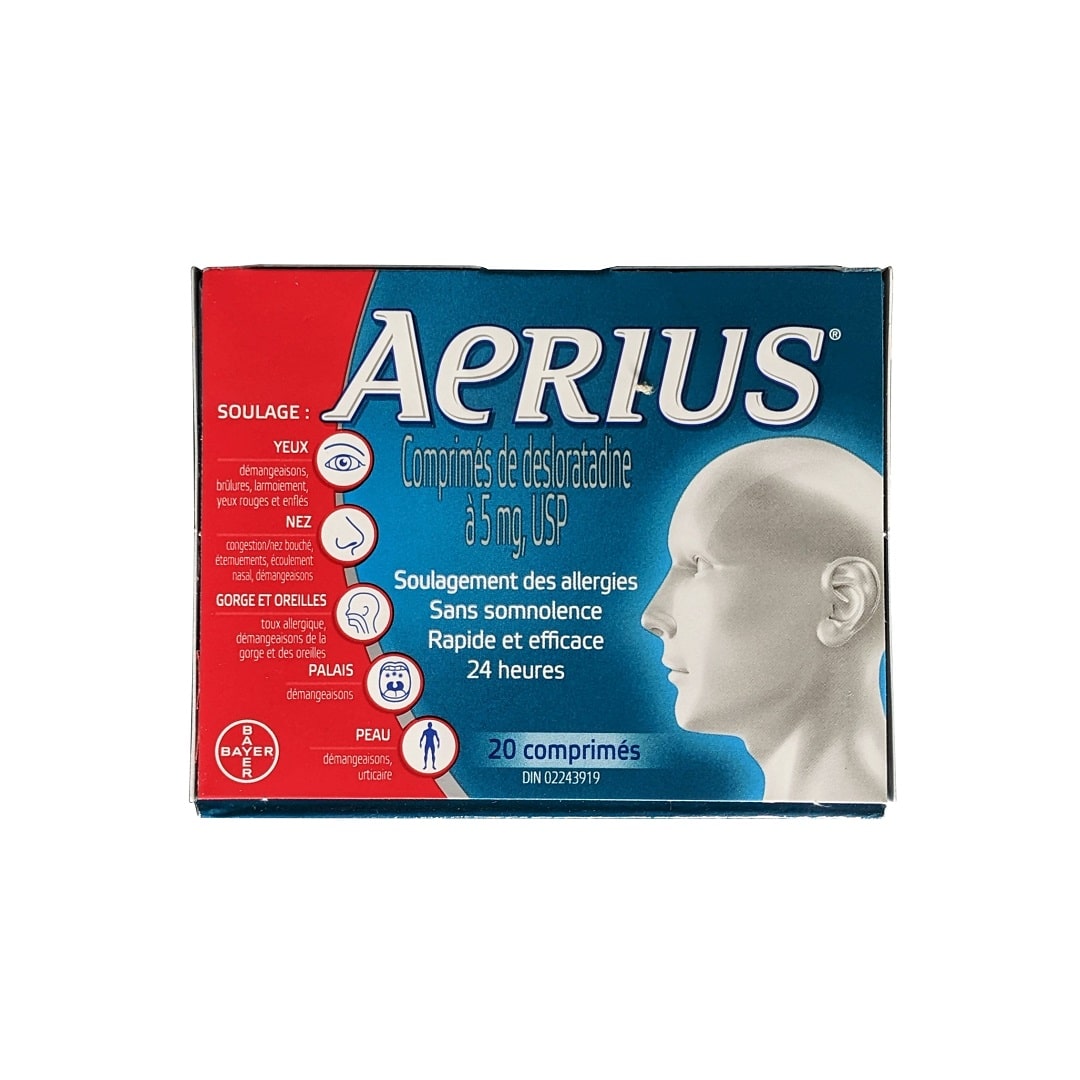 Product label for Aerius Desloratadine 5mg (20 Tablets) in French