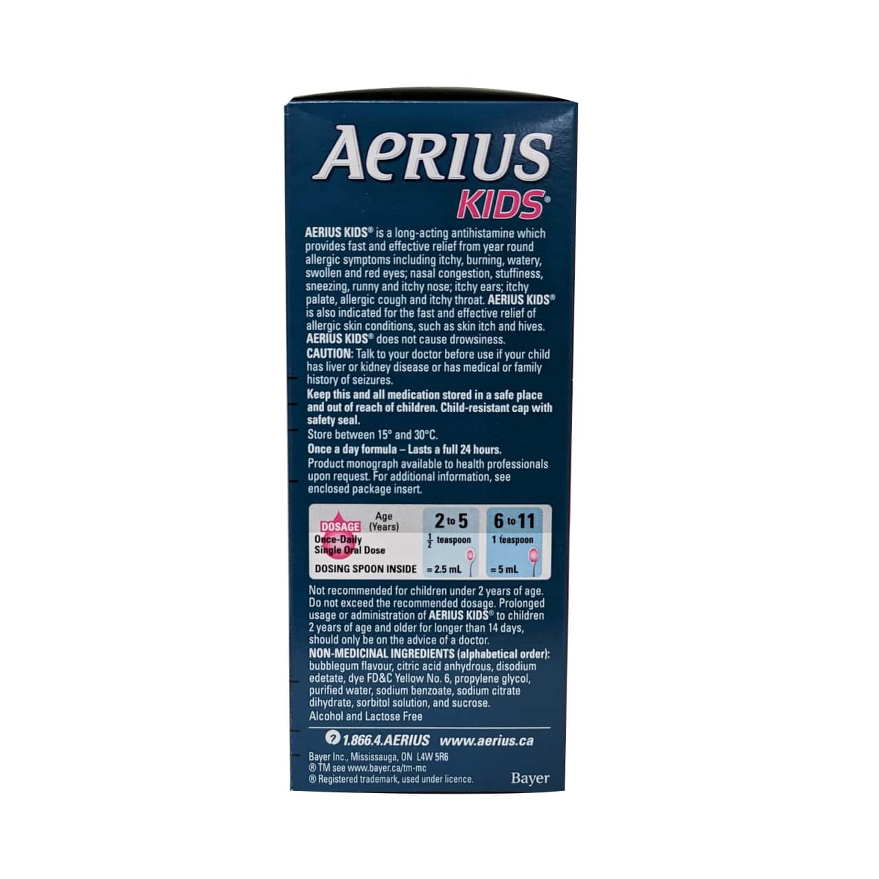 English product details, dosage, ingredients, and warnings for Aerius Kids Desloratadine Syrup 0.5mg / 5mL (Bubble Gum Flavour)