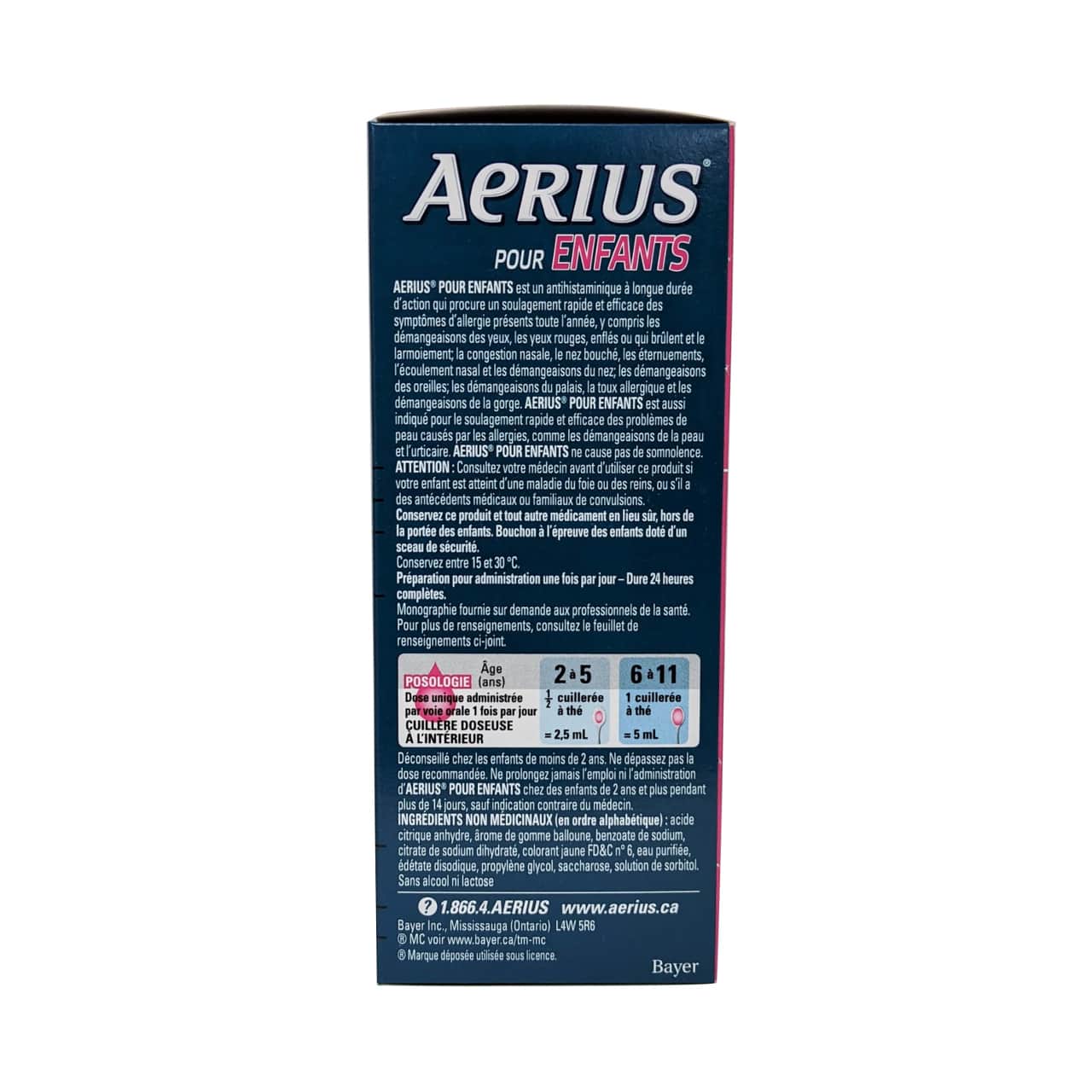 French product details, dosage, ingredients, and warnings for Aerius Kids Desloratadine Syrup 0.5mg / 5mL (Bubble Gum Flavour)