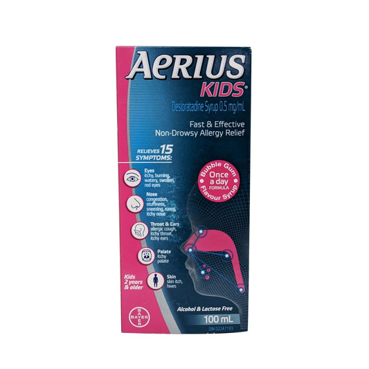 English package label for Aerius Kids Desloratadine Syrup 0.5mg / 5mL (Bubble Gum Flavour)
