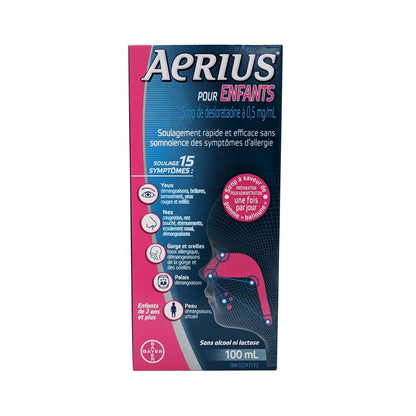 French package label for Aerius Kids Desloratadine Syrup 0.5mg / 5mL (Bubble Gum Flavour)