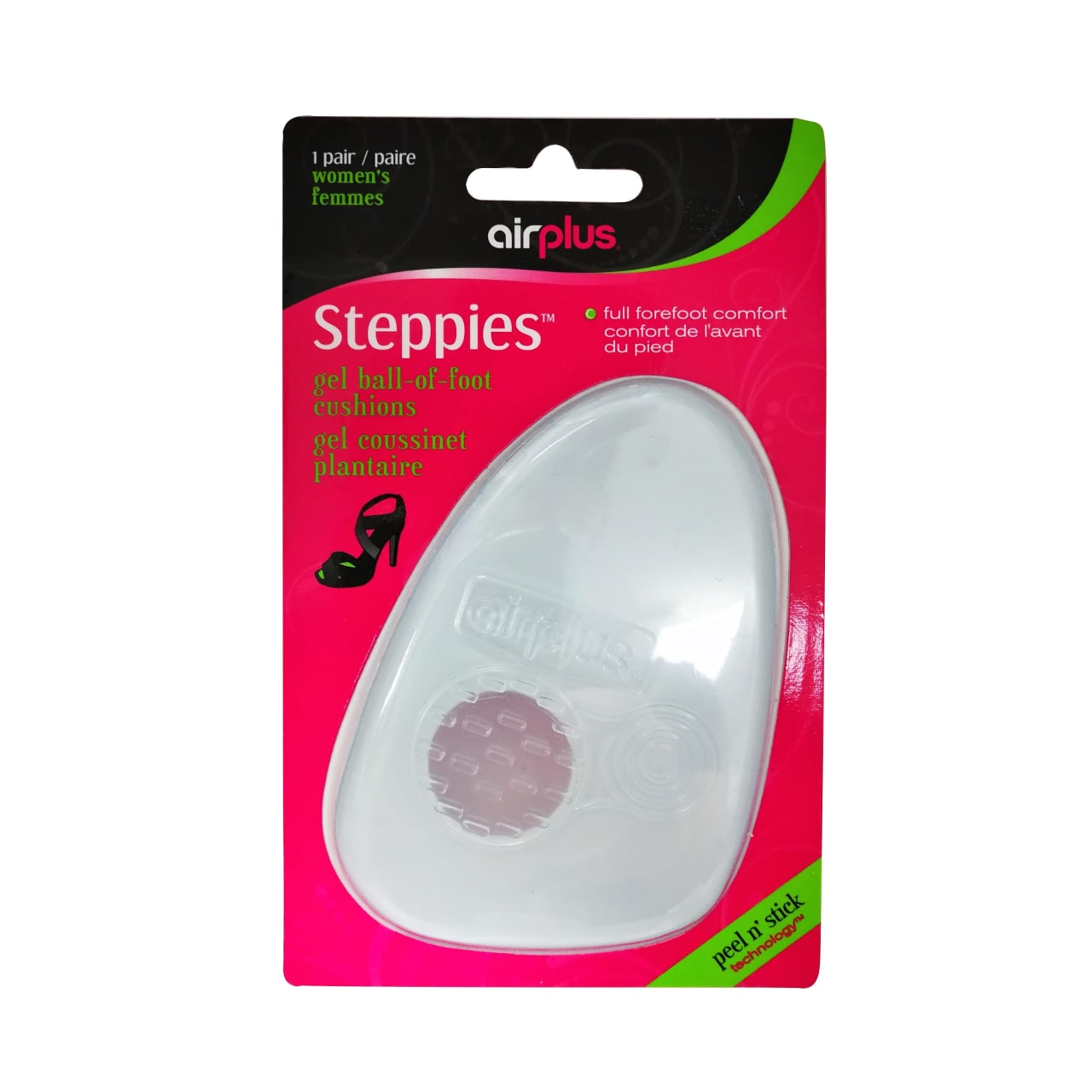 Product packaging for Airplus Steppies Ball-of-Foot Cushions in English and French