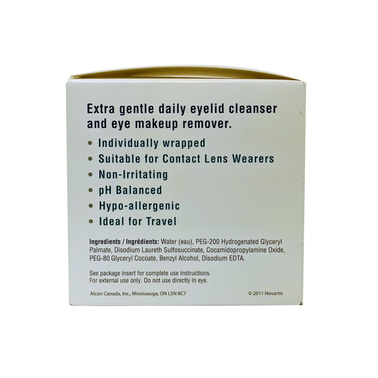 Package details and ingredients for Alcon Lid-Care Towelettes in English