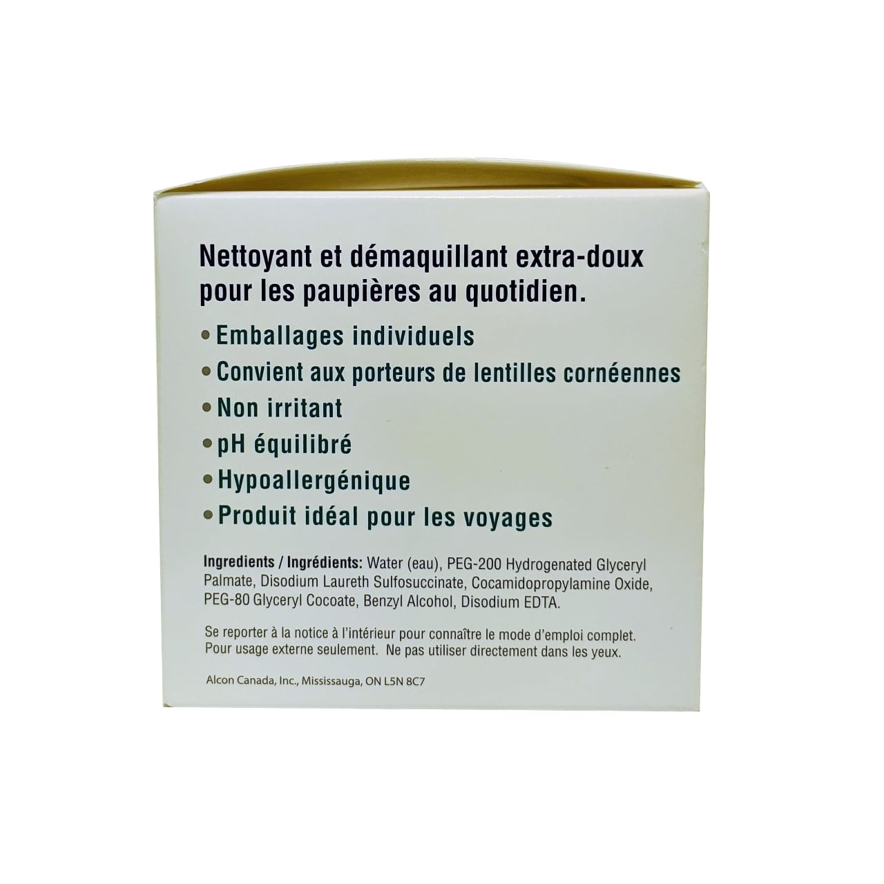 Package details and ingredients for Alcon Lid-Care Towelettes in French