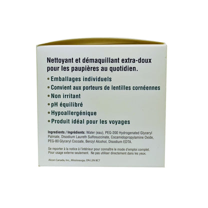 Package details and ingredients for Alcon Lid-Care Towelettes in French