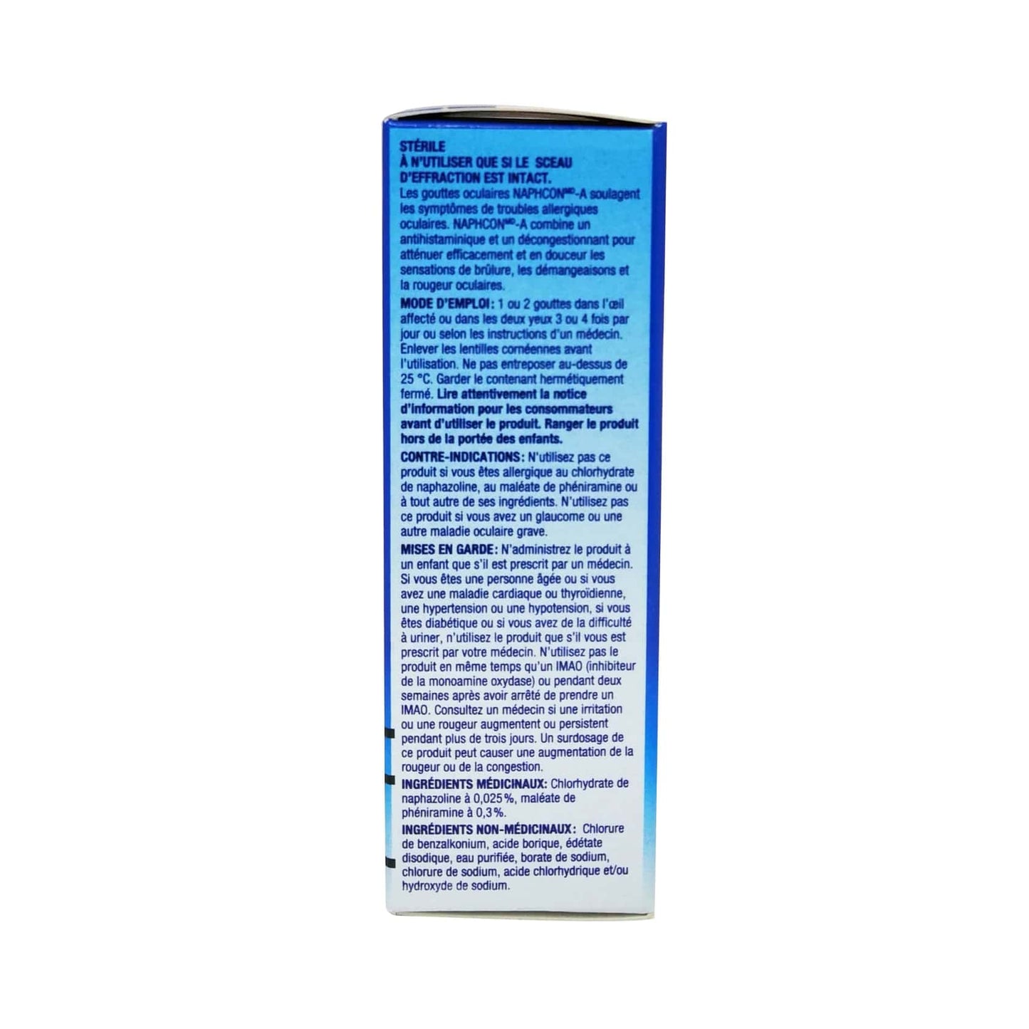 Product details, directions, ingredients, and warnings for Alcon Naphcon-A Allergy Relief Eye Drops in French