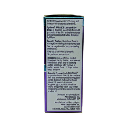 Product description, ingredients, directions, and warnings for Alcon Systane Balance Lipid Layer Formula Lubricant Eye Drops in English