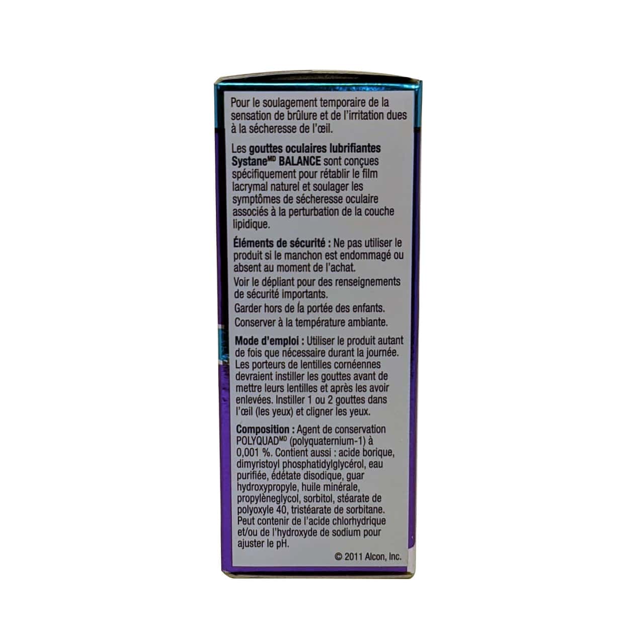 Product description, ingredients, directions, and warnings for Alcon Systane Balance Lipid Layer Formula Lubricant Eye Drops in French
