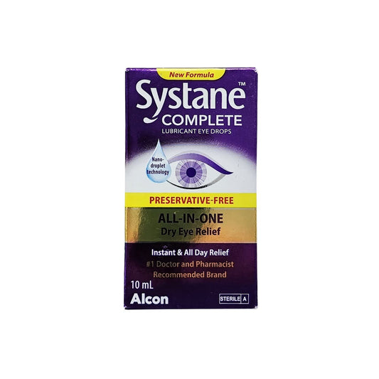 Product label for Alcon Systane Complete Lubricant Eye Drops Preservative Free (10 mL) in English