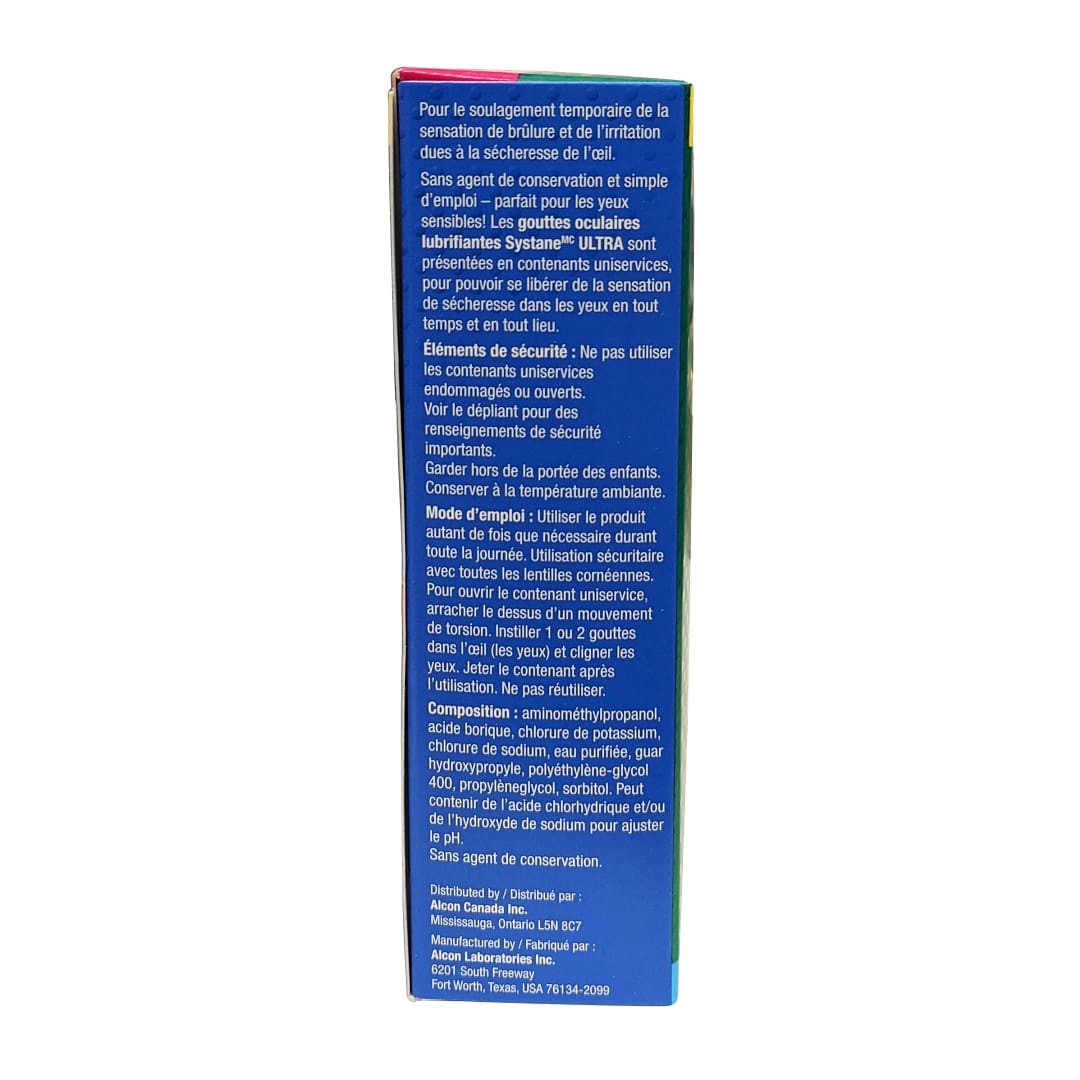 Uses, Directions, and Ingredients for Alcon Systane Ultra High Performance Lubricant Eye Drops (30 x 0.5 mL) in French
