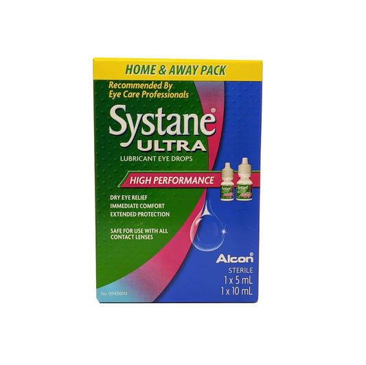 English package label for Alcon Systane Ultra High Performance Lubricant Eye Drops Home and Away Pack