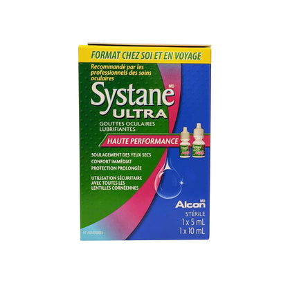 French package label for Alcon Systane Ultra High Performance Lubricant Eye Drops Home and Away Pack