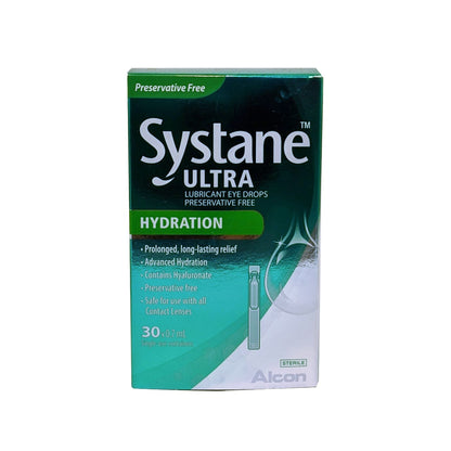 English product label for Alcon Systane Ultra Hydration Lubricant Eye Drops single vials