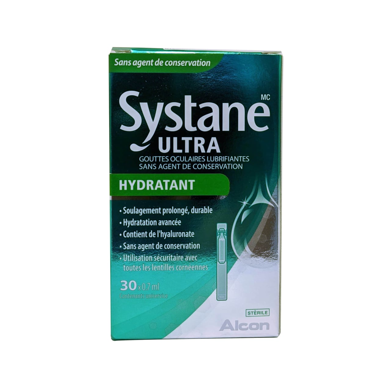French product label for Alcon Systane Ultra Hydration Lubricant Eye Drops single vials