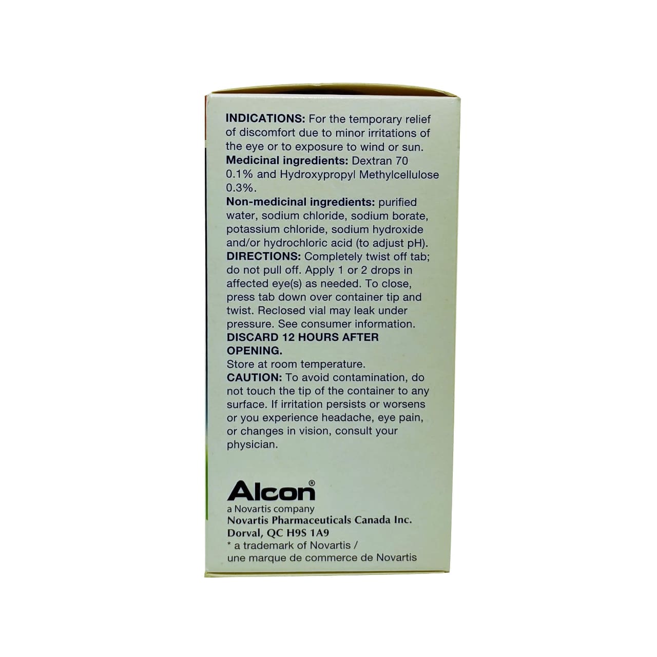 Indications, ingredients, directions, and warnings for Alcon Tears Naturale Free Lubricant Eye Drops in English