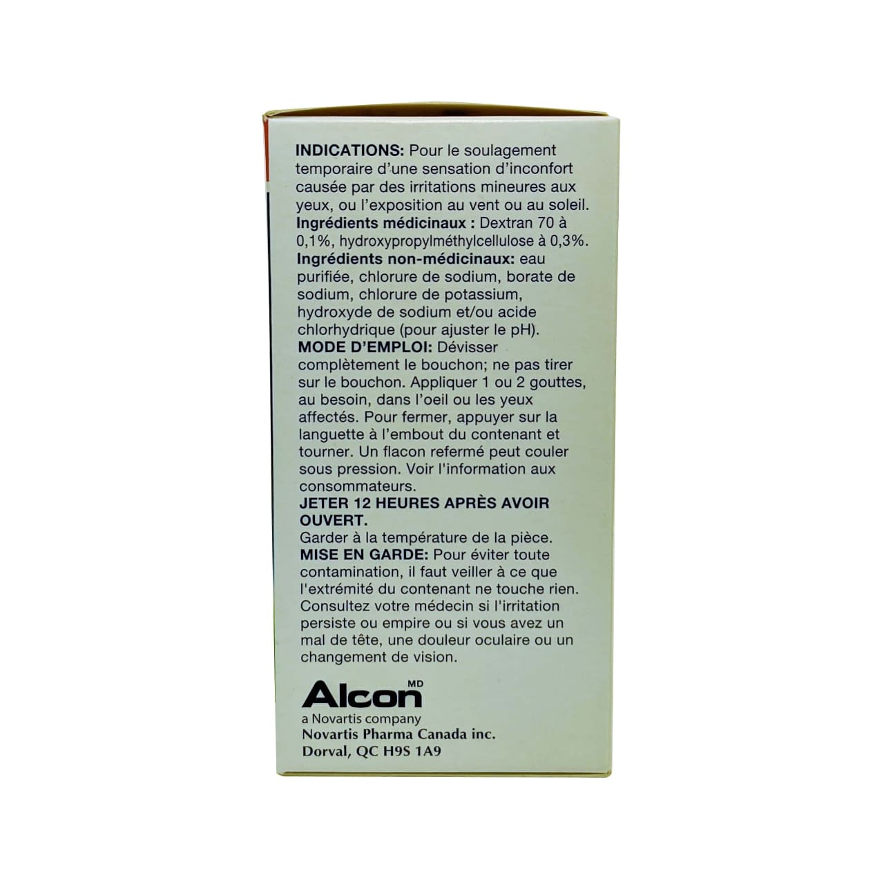 Indications, ingredients, directions, and warnings for Alcon Tears Naturale Free Lubricant Eye Drops in French