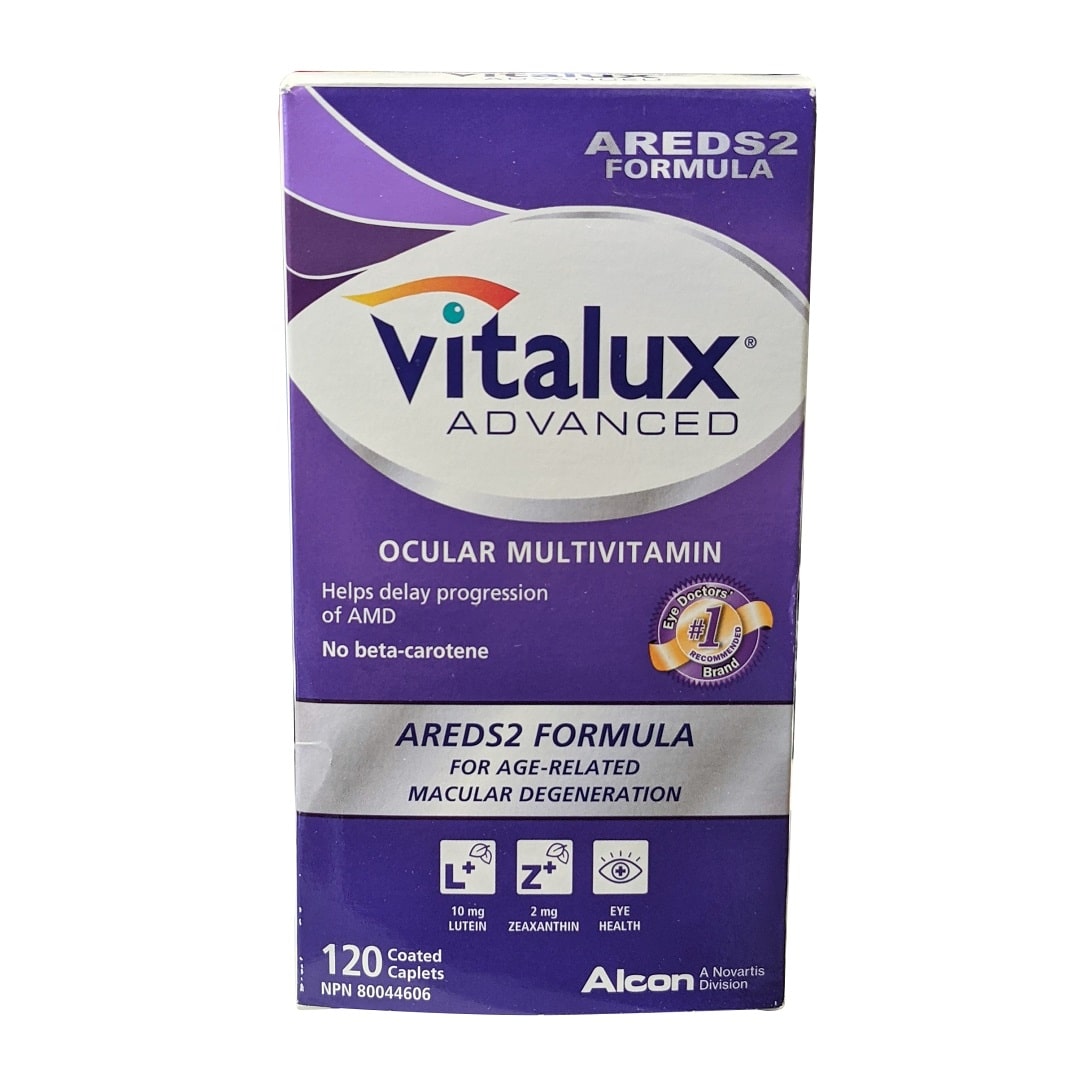 Product label for Alcon Vitalux Advanced AREDS2 Formula (120 caplets) in English
