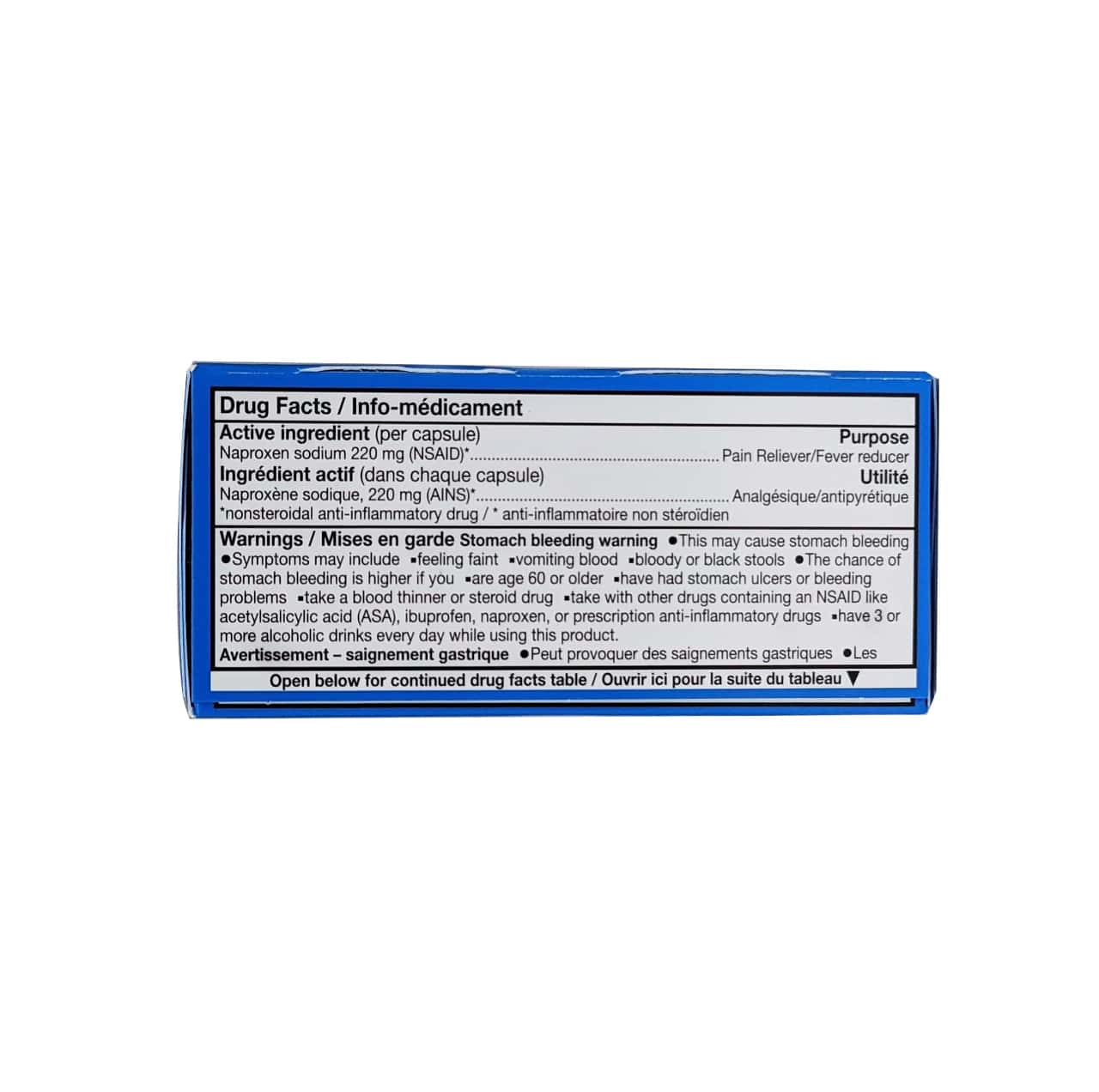 Product details for Aleve Naproxen Sodium 220mg Liquid Gel Capsules 1 of 2 English and French