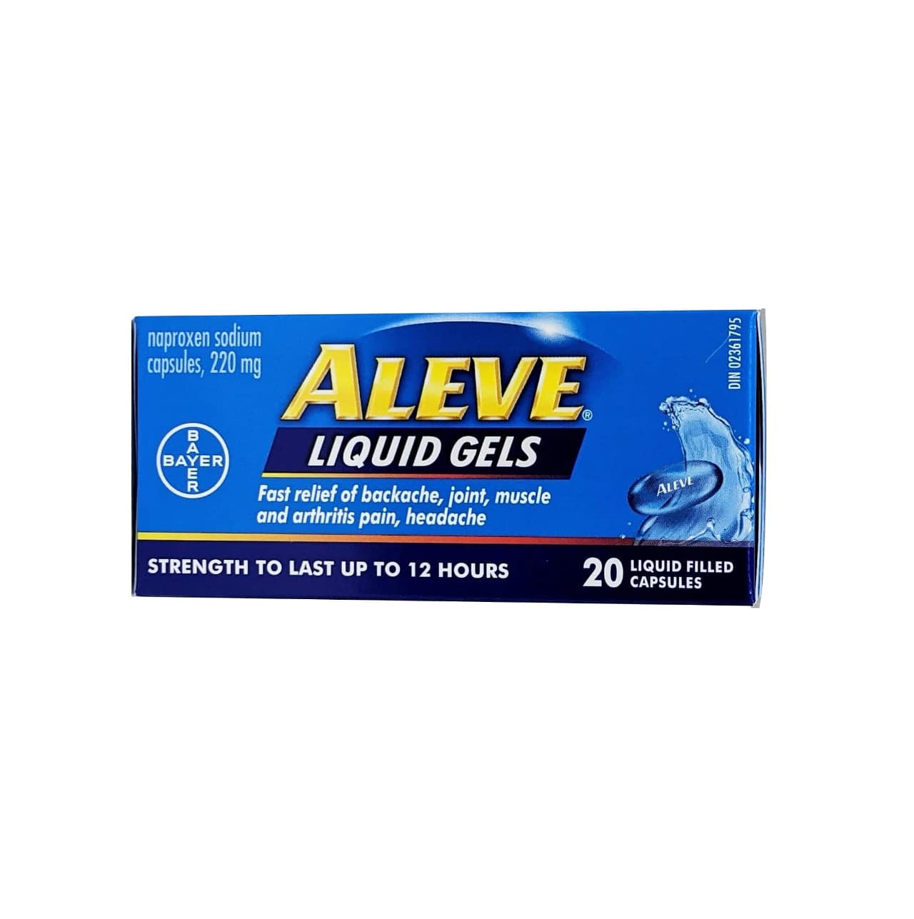 English product label for Aleve Naproxen Sodium 220mg Liquid Gel Capsules
