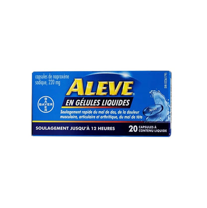 French product label for Aleve Naproxen Sodium 220mg Liquid Gel Capsules