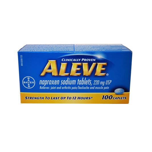 English product label for Aleve Naproxen Sodium 220mg 100 caplets
