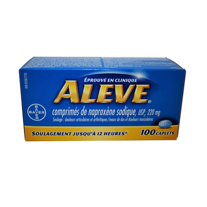 French product label for Aleve Naproxen Sodium 220mg 100 caplets