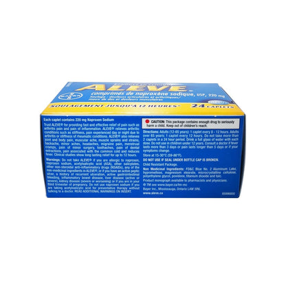 Warnings, directions, ingredients for Aleve Naproxen Sodium 220mg (24 caplets) in English