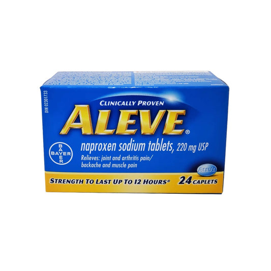 English product label for Aleve Naproxen Sodium 220mg 24 caplets