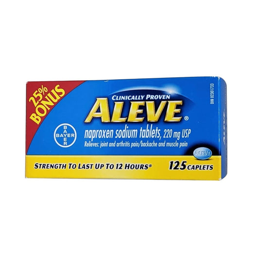English product label for Aleve Naproxen Sodium 220mg 125 capletsEnglish product label for Aleve Naproxen Sodium 220mg 125 caplets