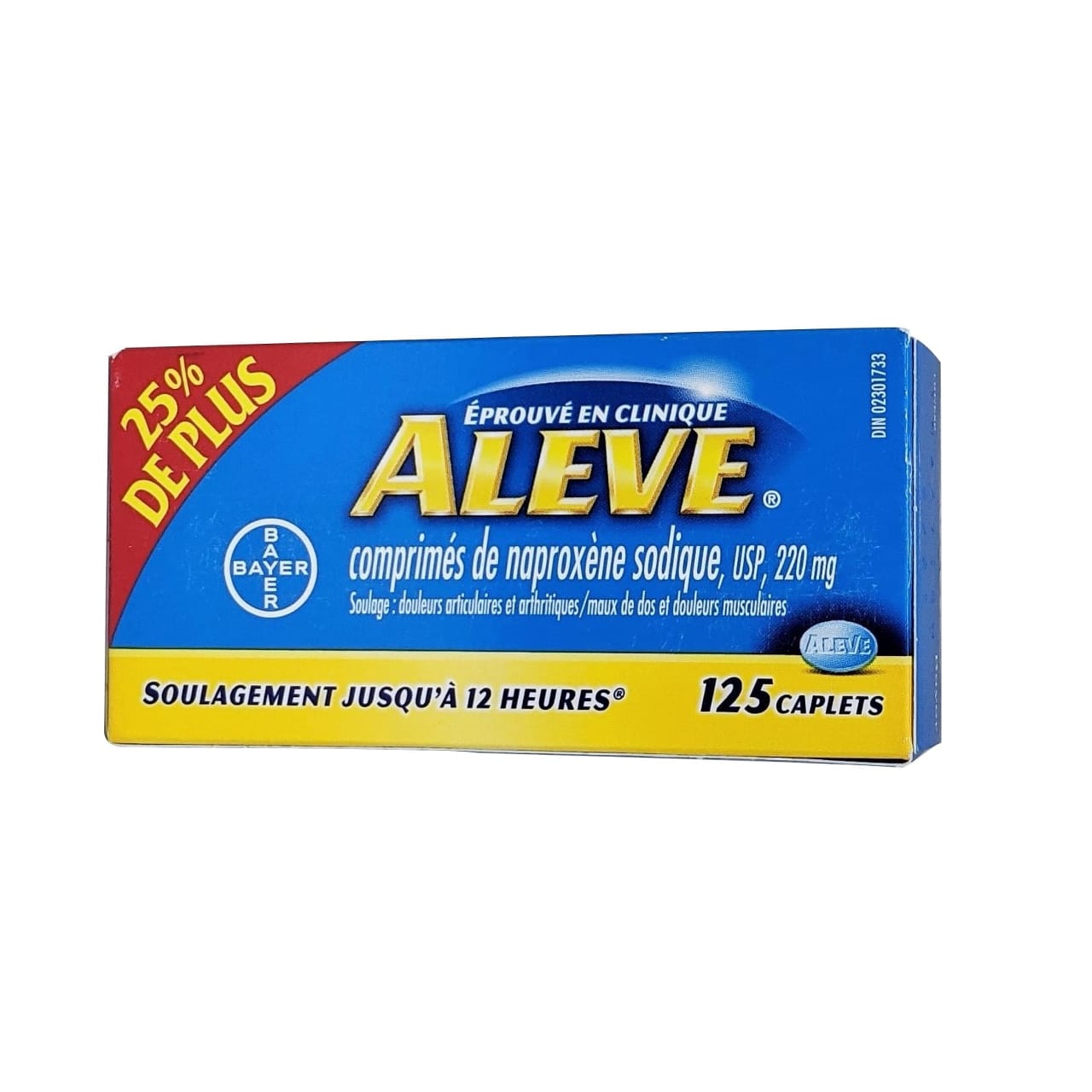 French product label for Aleve Naproxen Sodium 220mg 125 caplets
