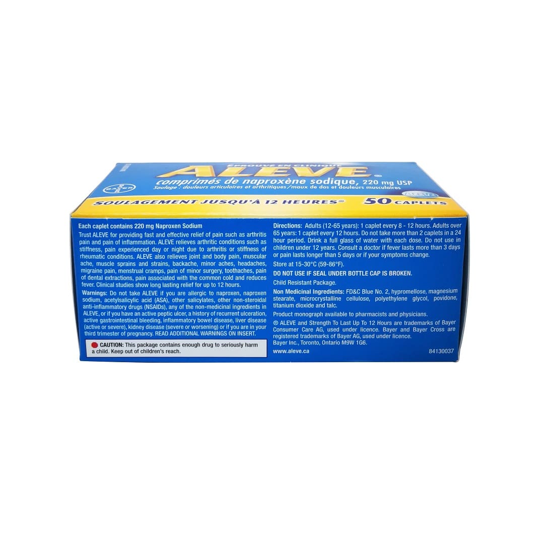 Warnings, directions, and ingredients for Aleve Naproxen Sodium 220mg (50 caplets) in English
