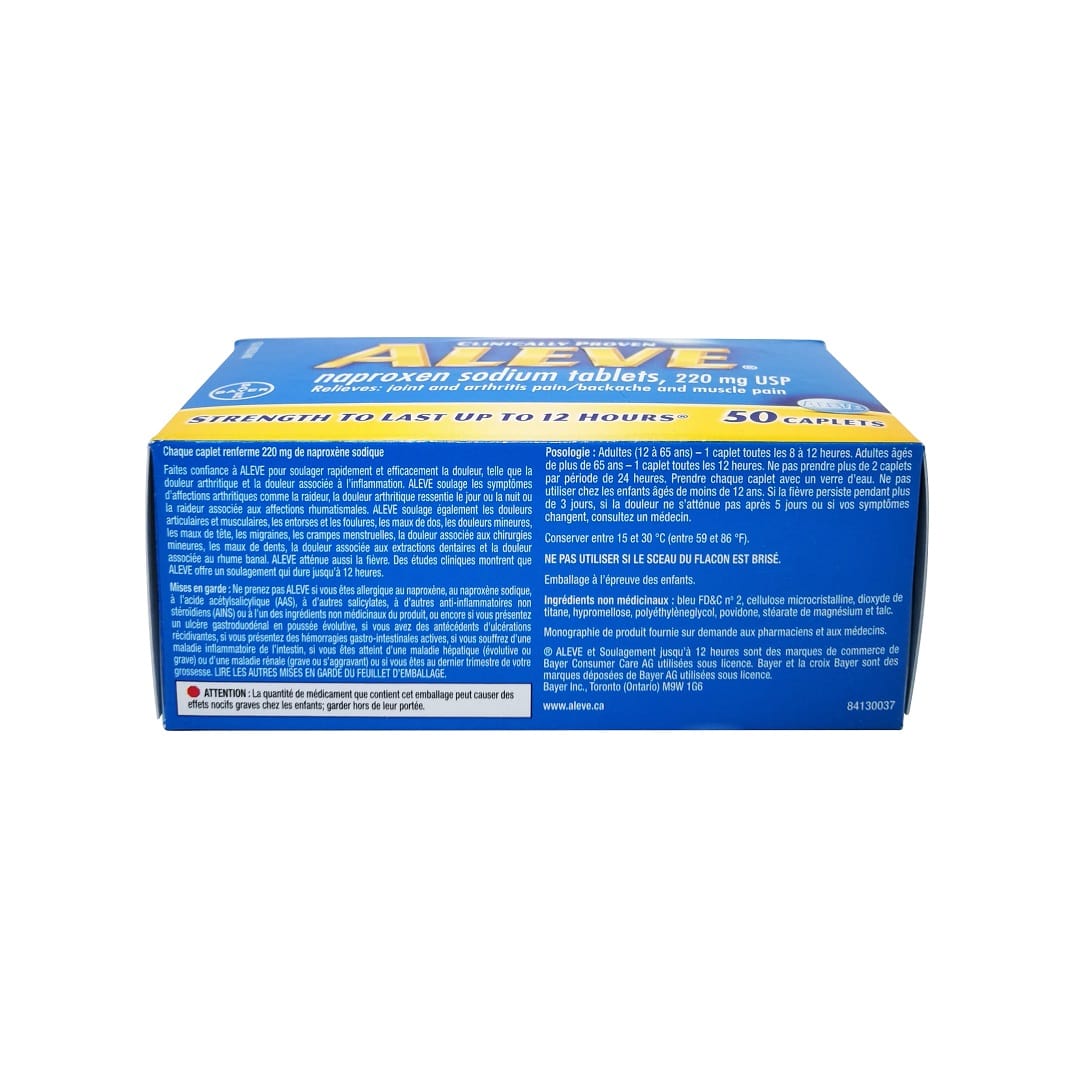 Warnings, directions, and ingredients for Aleve Naproxen Sodium 220mg (50 caplets) in French